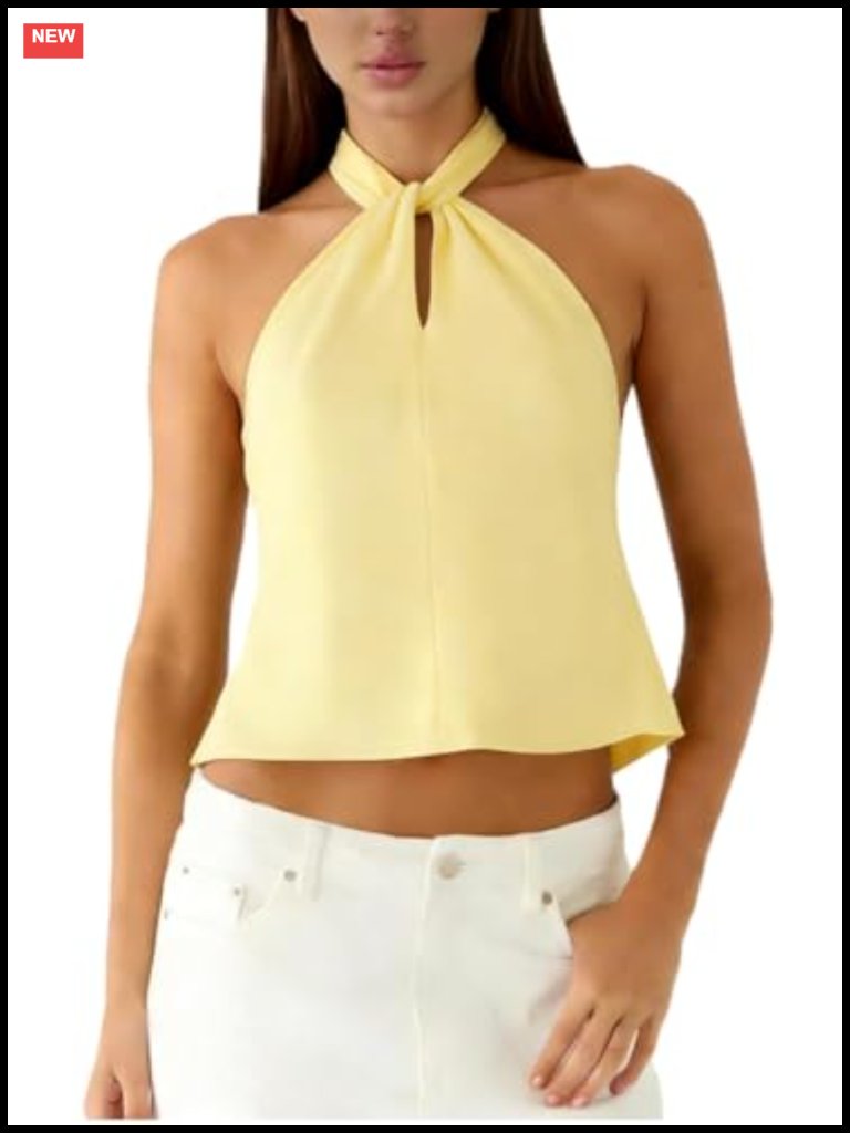 Satin Silk High Neck Keyhole Cutout Halter Crop Tank Top Going Out Party